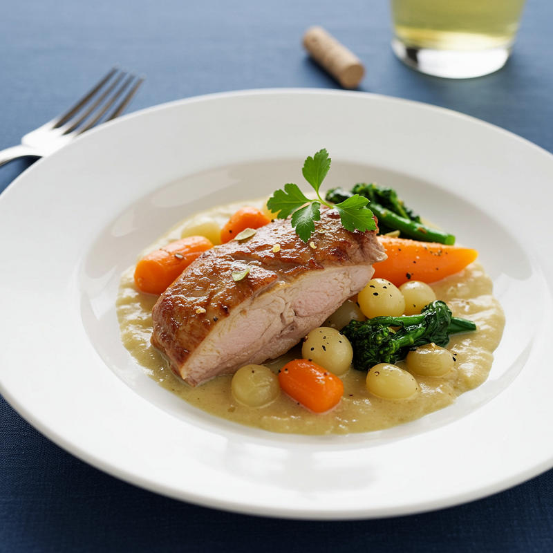 Huhn mit Perlzwiebeln in Weißwein