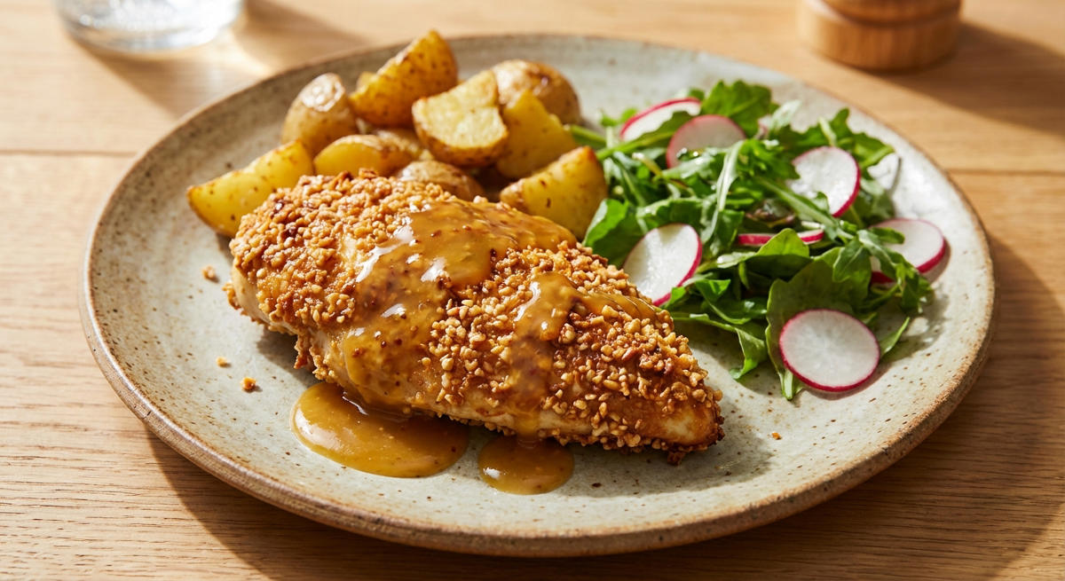 Pollo con costra de pretzel y salsa de miel y mostaza