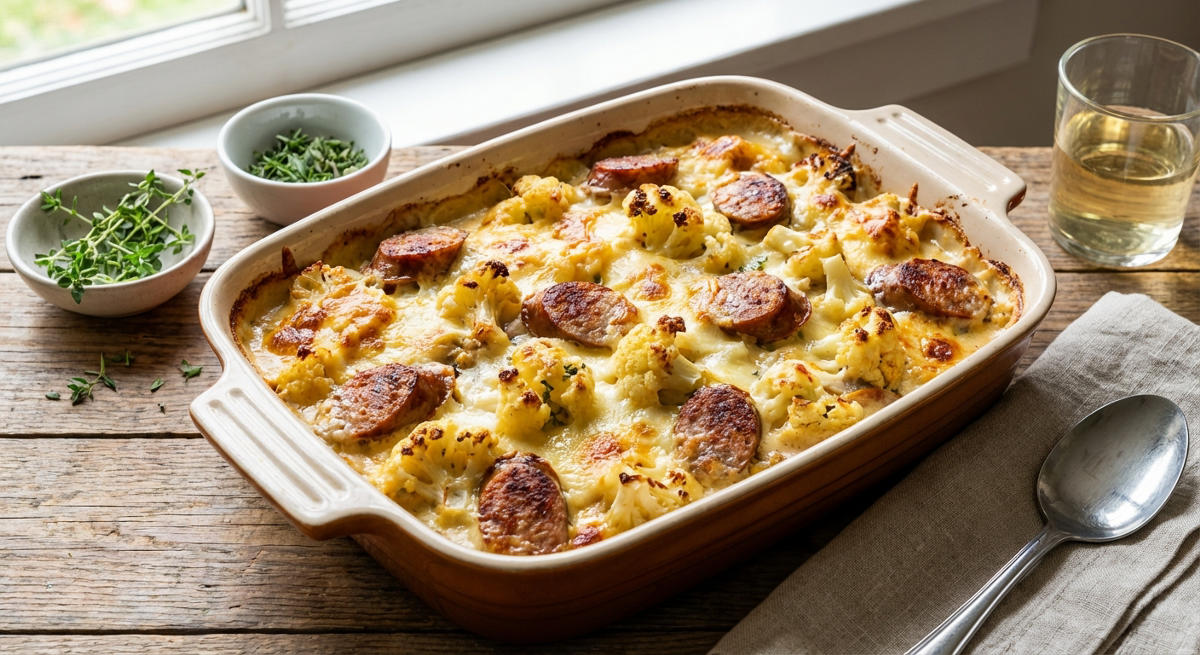 Auflauf mit Bratwurst und Blumenkohl