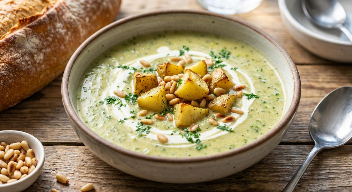Brokkolisuppe mit Kartoffeln und Pinienkernen