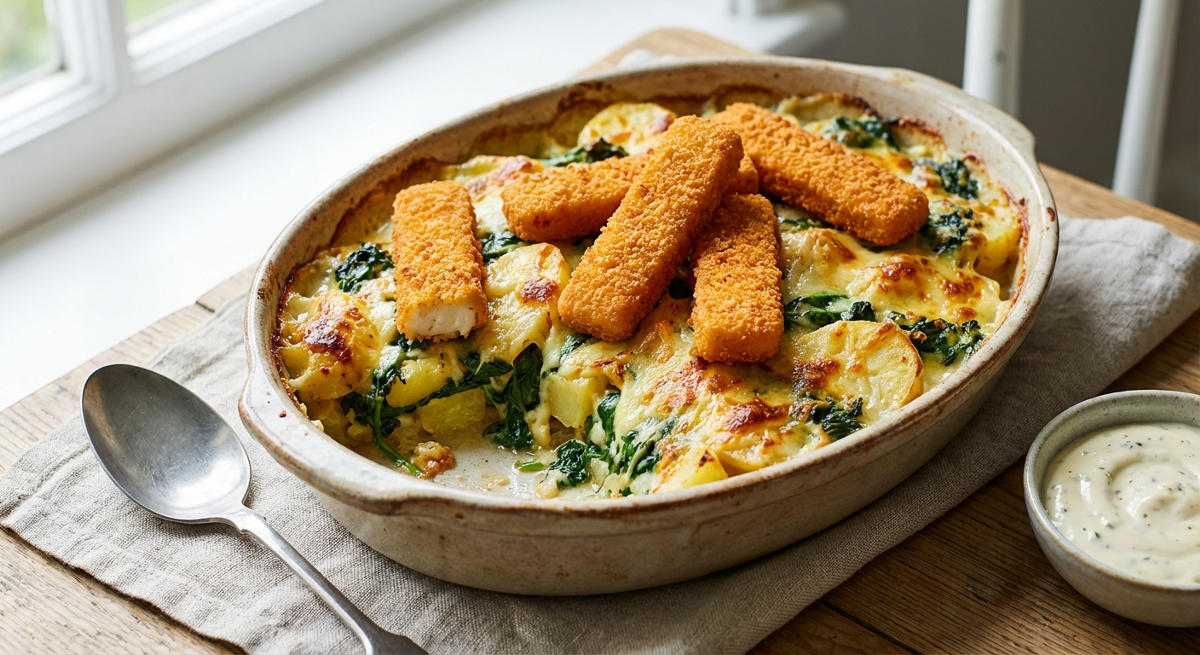 Backkartoffel-Spinat-Auflauf mit Fischstäbchen
