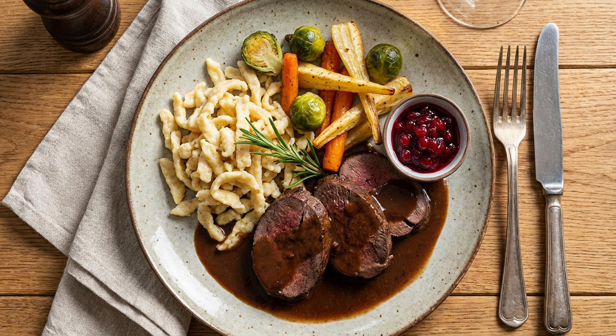Hirschkeule mit selbst gemachten Spätzle und Gemüse