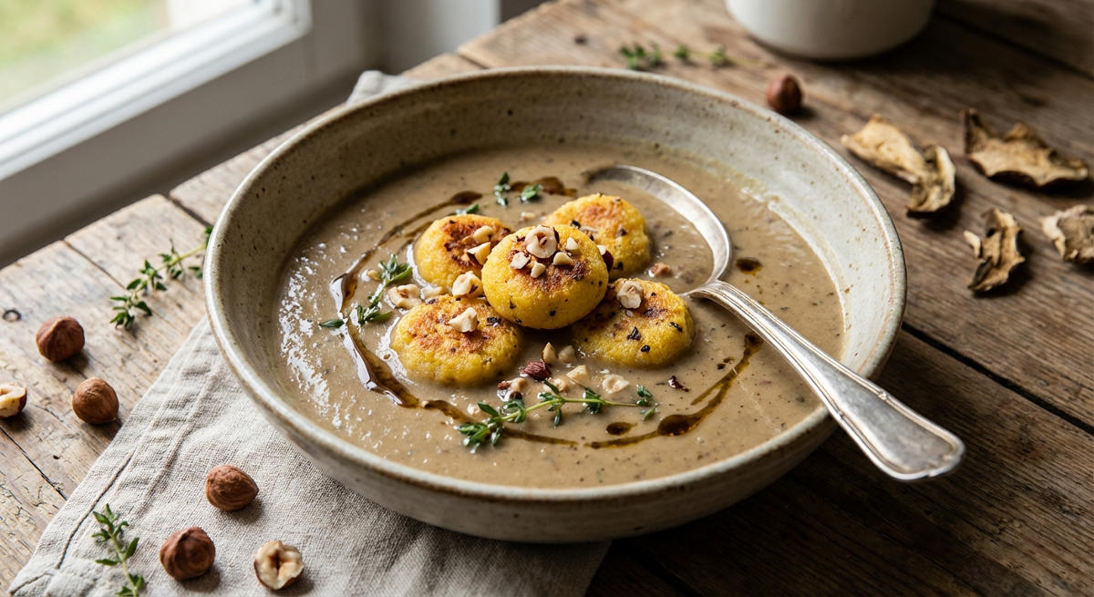 Steinpilzsuppe mit Polenta-Nuss-Nockerl