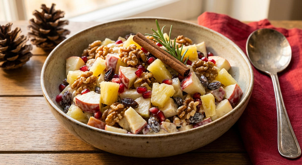 Weihnachtlicher Apfel-Walnuss-Salat mit Ananas und Rosinen