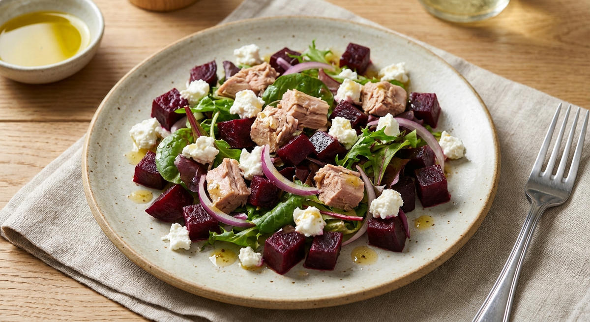 Rote Bete Salat mit Schafskäse und Thunfisch
