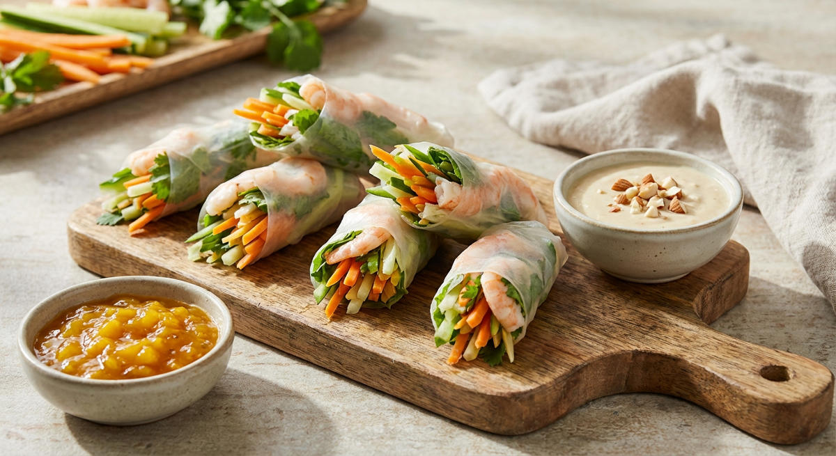 Asiatische Handrollen mit Mango-Chutney und Mandel-Ingwer-Dip