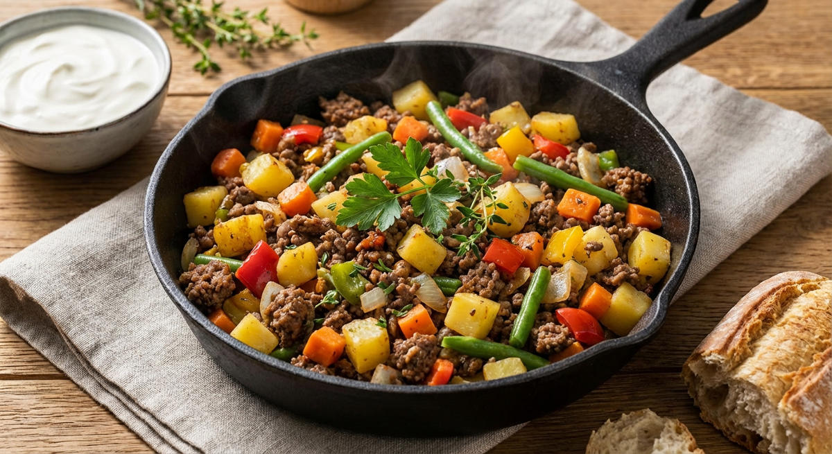 Hackfleisch-Pfanne mit Gemüse und Kartoffeln