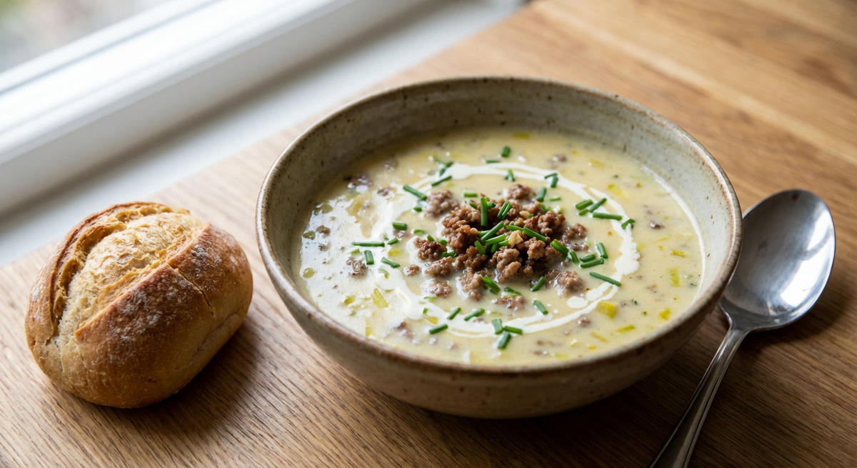 Käse-Lauch-Suppe mit Hackfleisch