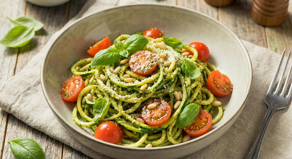 Zucchini-Nudeln mit Pesto und Cherrytomaten