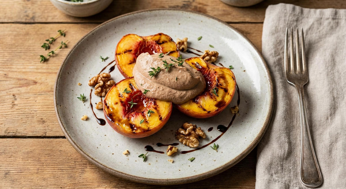 Gegrillte Pfirsiche mit Wildlebermousse