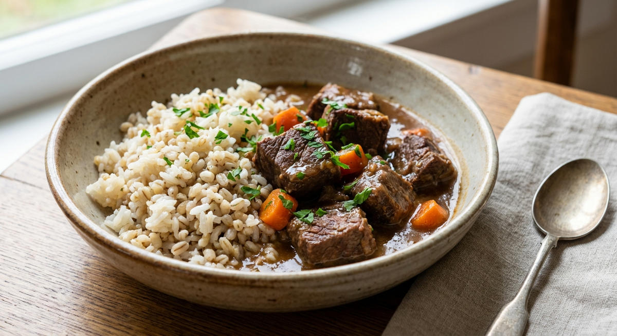 Reis oder Gräupchen (Notiz) mit Rindfleisch