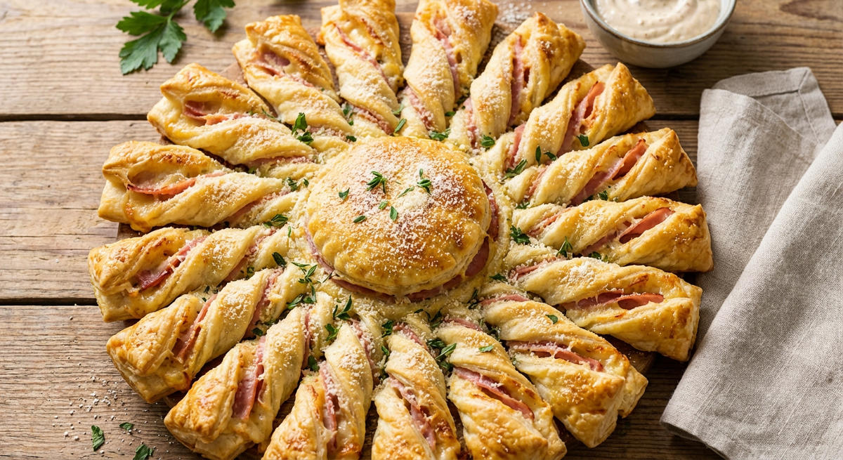 Blätterteig-Sonnenblume mit Schinken und Parmesan