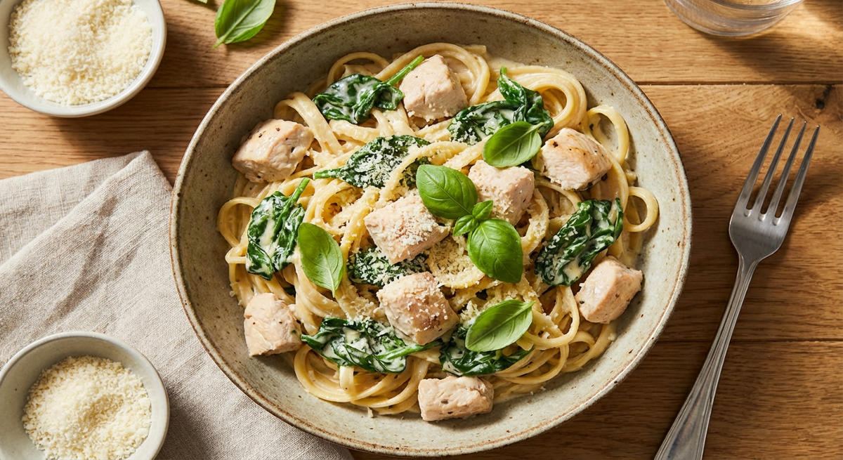 One-Pot-Pasta mit Hähnchen und Spinat