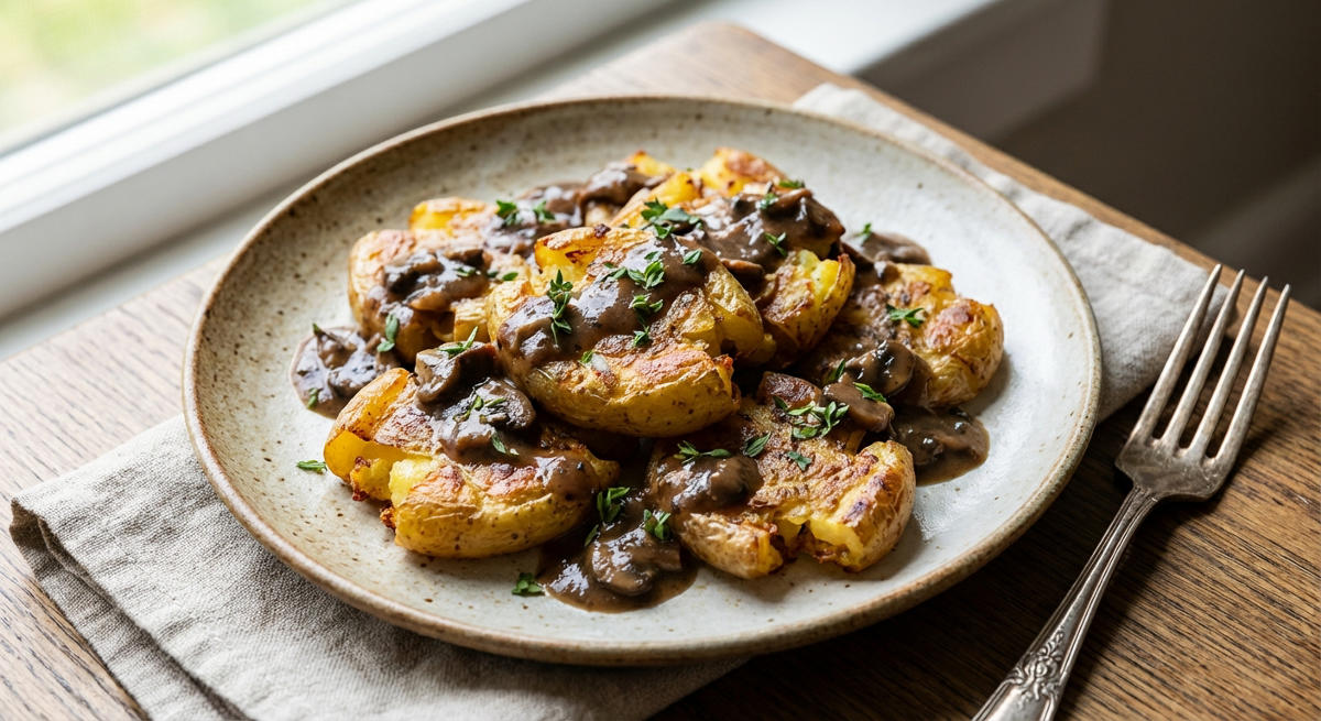 Smashed Potatoes mit geschmorten Pilzen
