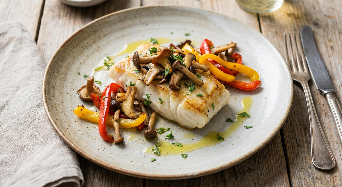 Zarter Kabeljau mit Pilzen und gerösteter Paprika