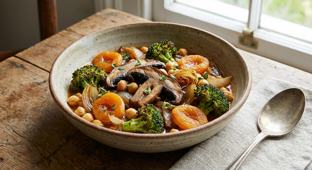 Kichererbse, Portobello, Brokkoli, Aprikose, Zwiebel