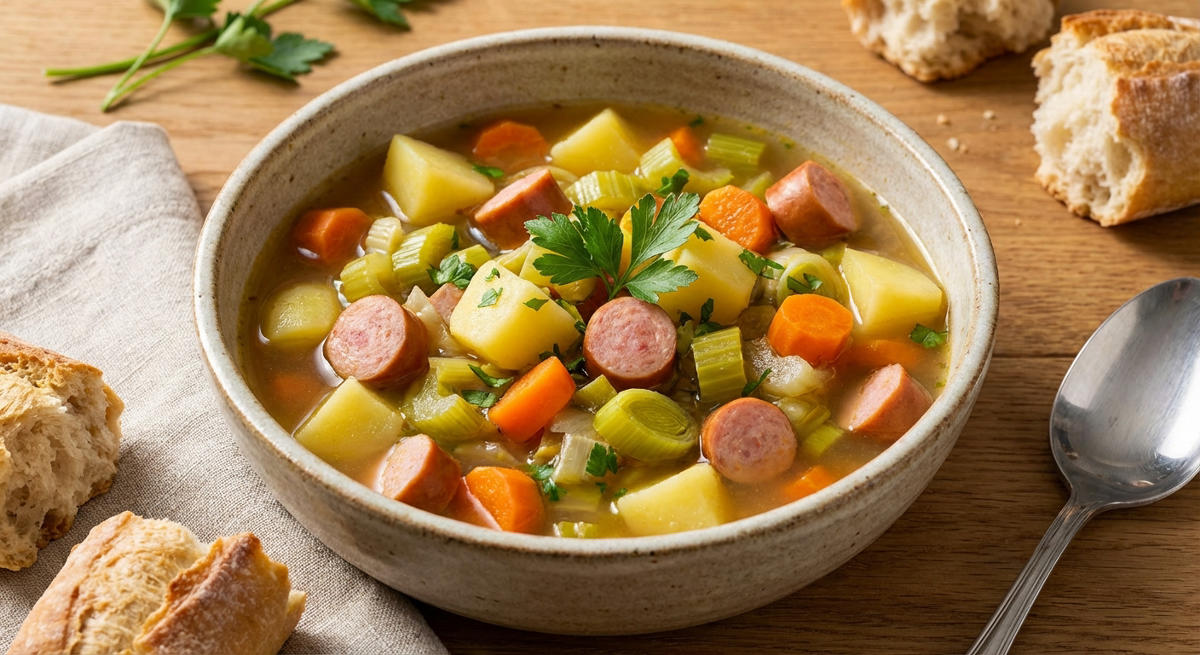 Gemüseeintopf mit Kartoffeln und Würstchen
