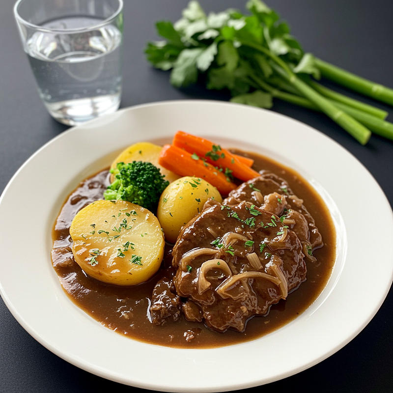 Sauerbraten mit Kartoffelklößen und Rotkohl