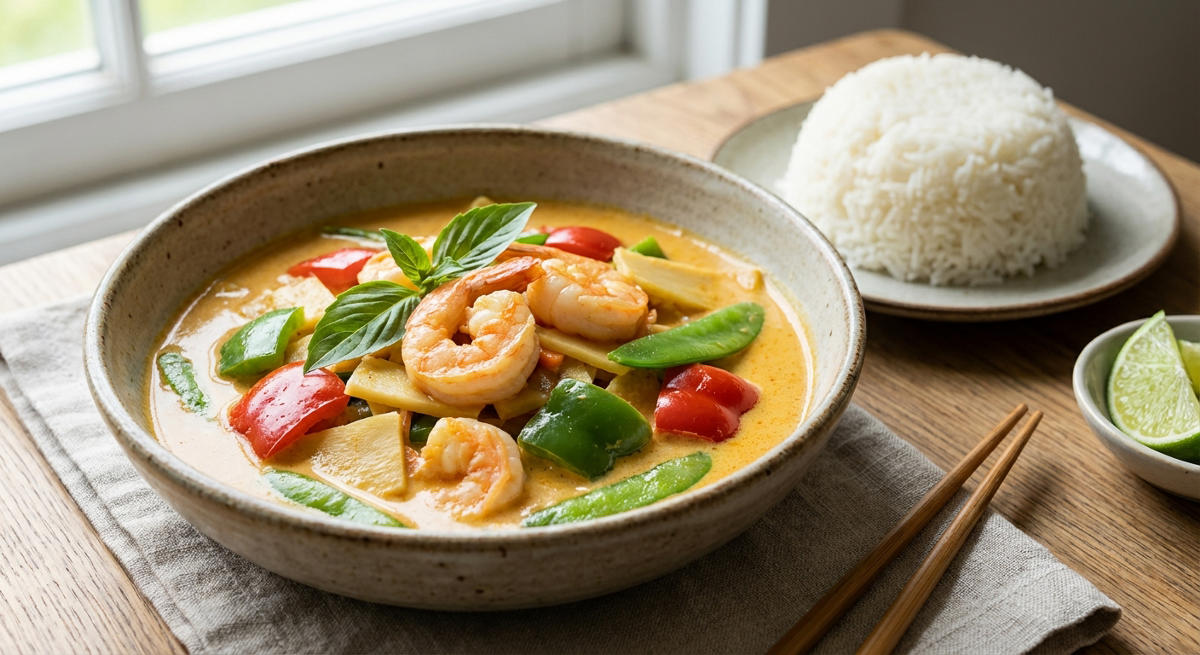 Thai-Curry mit Gemüse, Garnelen und Reis