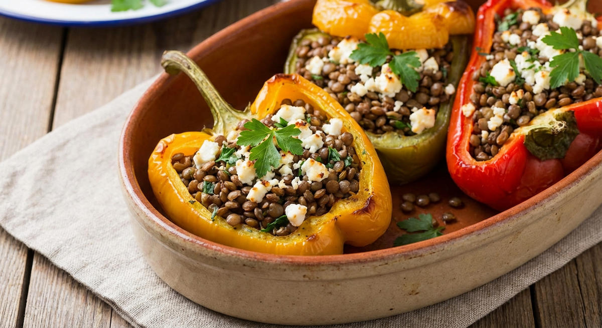 Gefüllte Linsen-Feta-Paprika