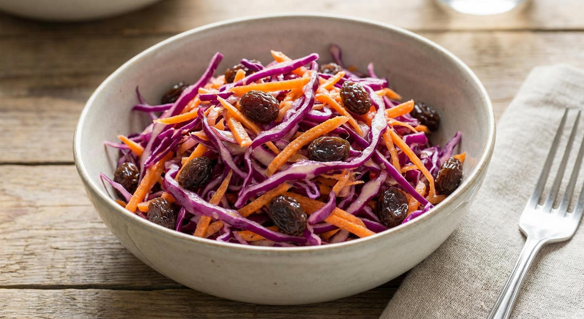 Rotkohlsalat mit Möhren und Rosinen
