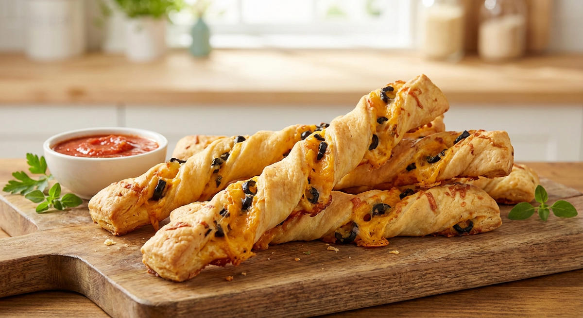 Oliven Twist Sticks mit Cheddar und schwarzen Oliven