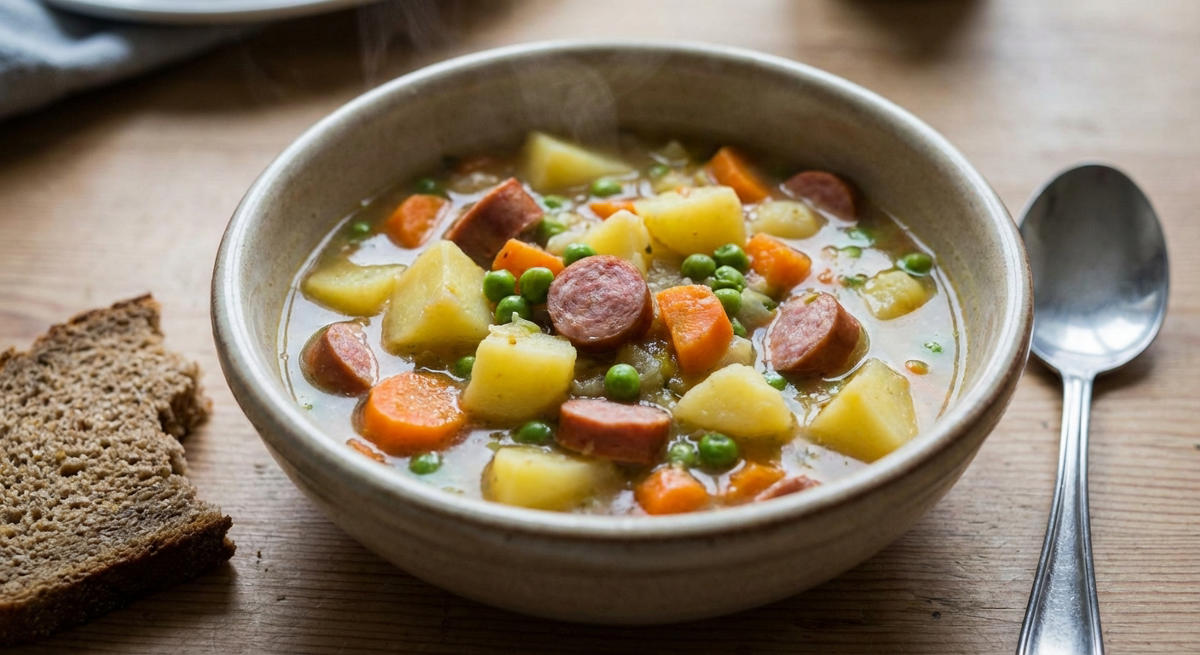 Gemüseeintopf mit Kartoffeln und Würstchen