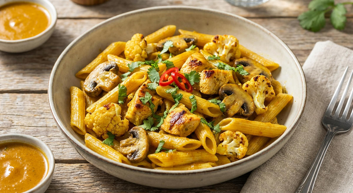 Penne mit Hähnchen, Champignons und Blumenkohl in pikanter Currysauce