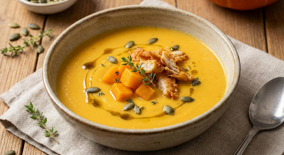 Apfel-Kürbis-Suppe mit süß-saurem Kürbis und knusprigem Hendl