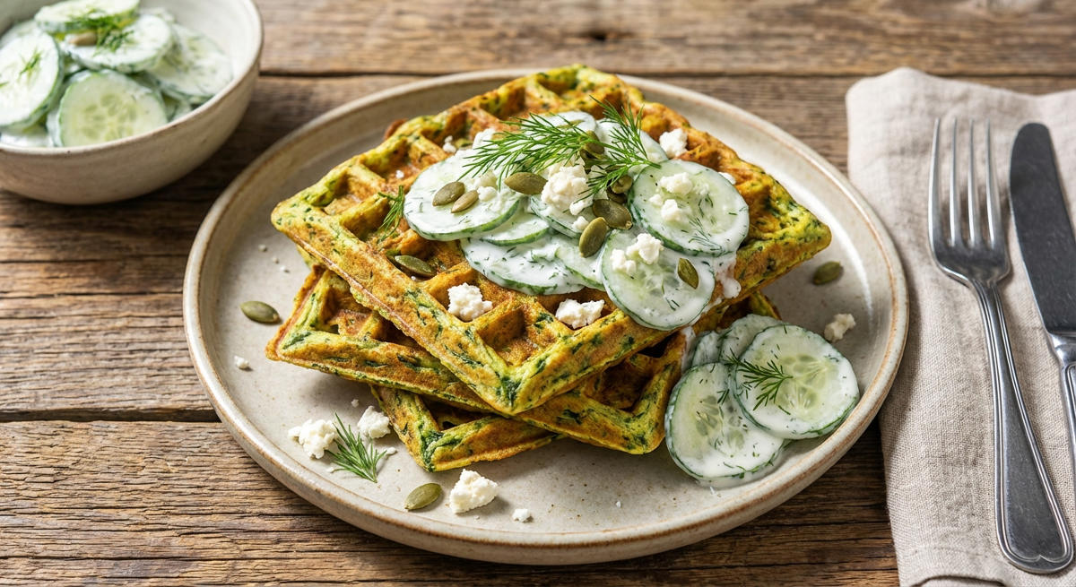 Grüne Power-Waffeln mit Dill-Gurken-Salat