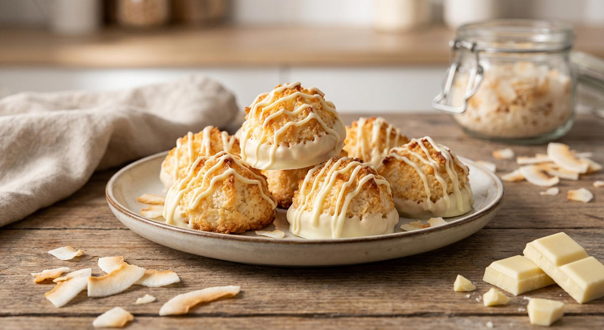 Kokosmakronen mit weißer Schokolade