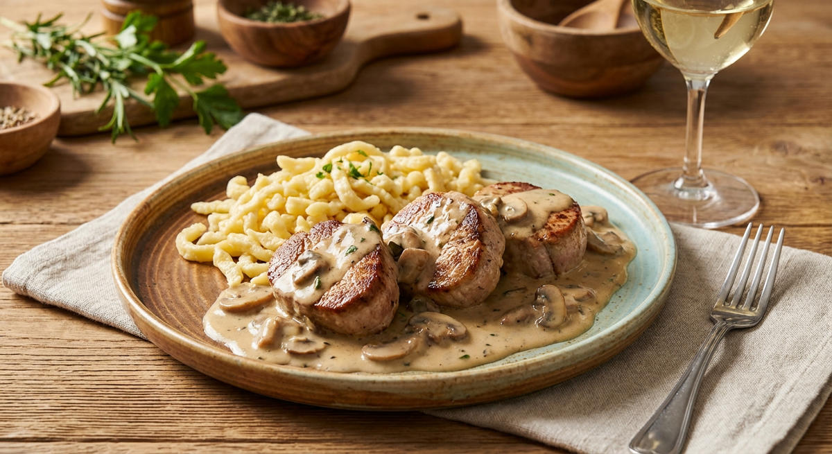 Schweinemedaillons mit Pilzrahmsauce und Spätzle