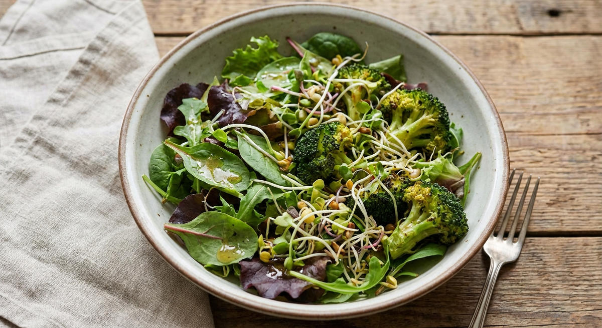 Grüner Blattsalat mit warmen Brokkoli-Röschen und Sprossen/Tag 4 Mittag