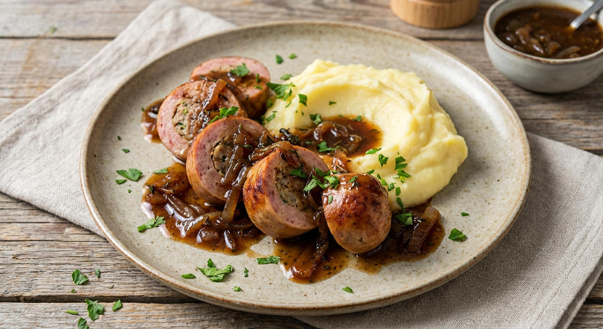 Gefüllter Lyoner mit pikanter Zwiebelsauce und Püree