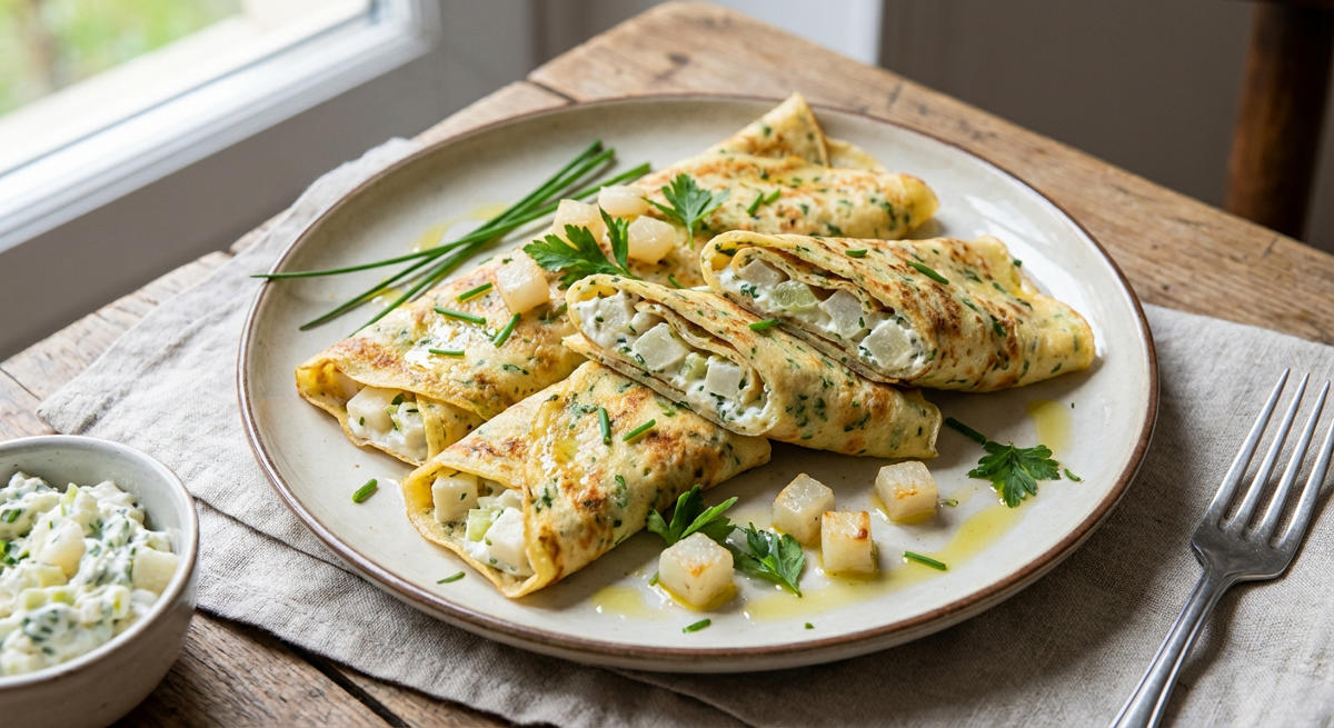 Kräuter-Pfannkuchen mit Mairübchen-Füllung