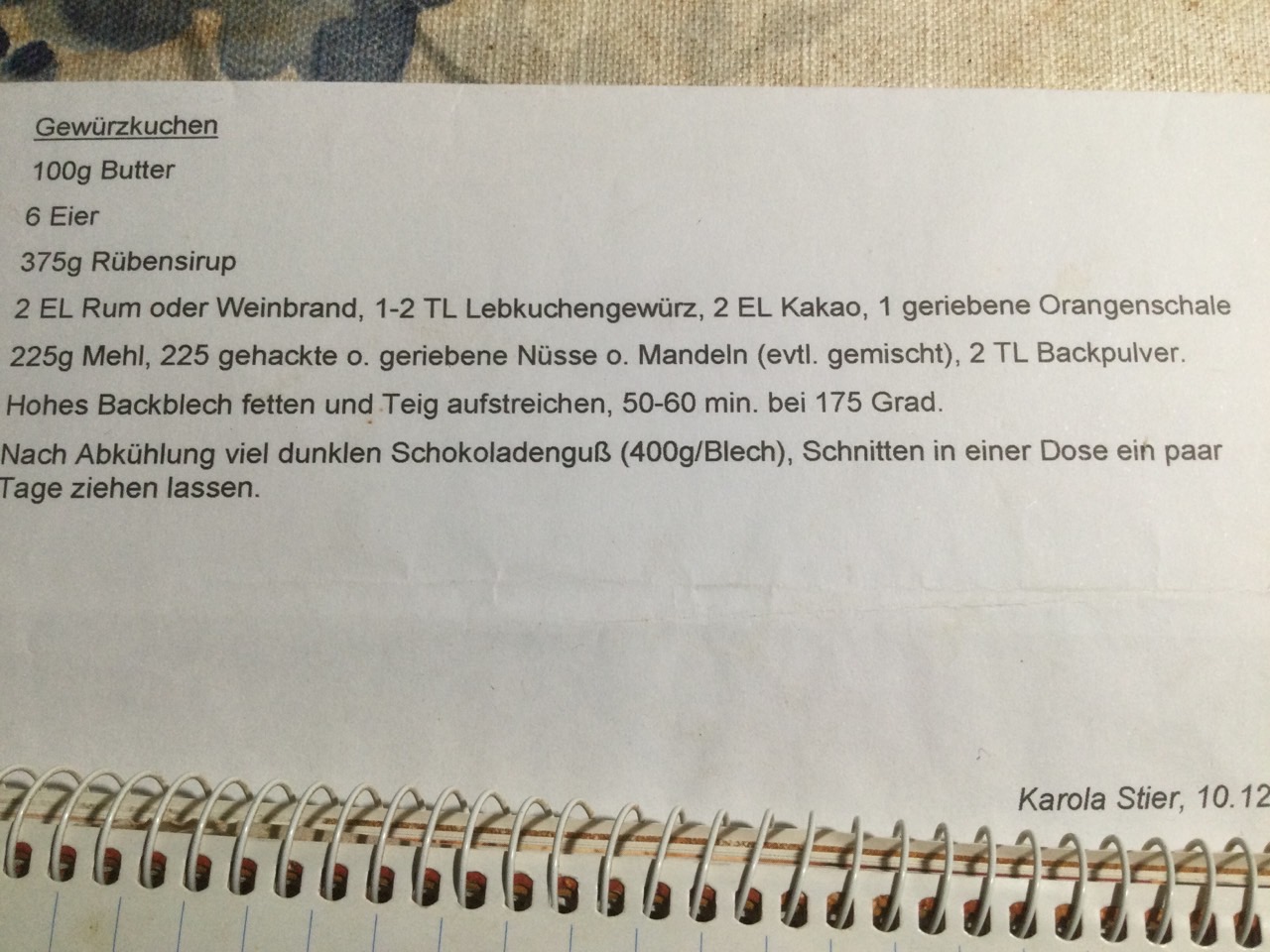 Gewürzkuchen nach Karola Stier 10,12.2001