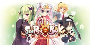 Arte promocional de Senren * Banka, mostrando os personagens principais em um cenário tradicional japonês.