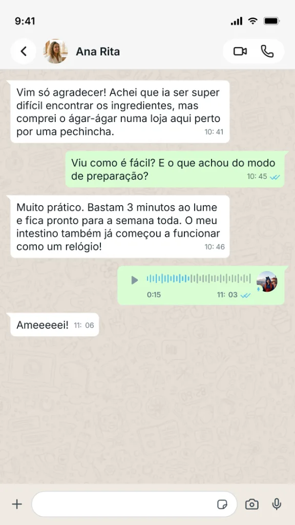 Conversa real no WhatsApp com Ana Rita sobre facilidade de preparo e intestino
