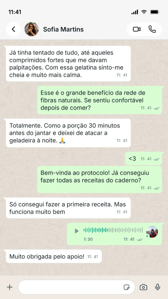 Conversa real no WhatsApp com Sofia Martins sobre saciedade sem remédios
