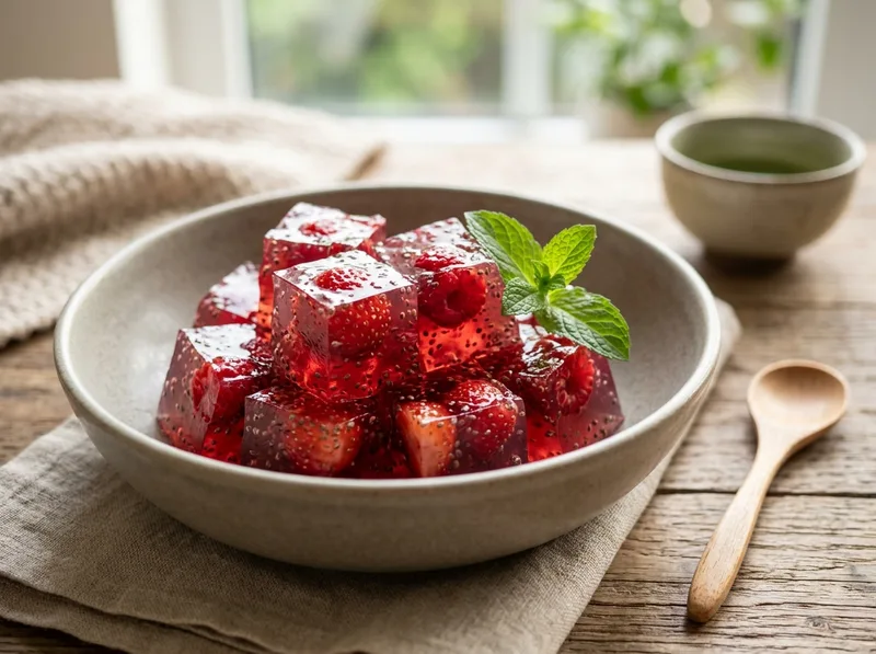 GELATINA DE FRUTAS VERMELHAS COM CHIA SACIETÓGENA
