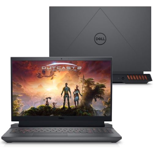 Notebook gamer Dell G15 com teclado iluminado em laranja.