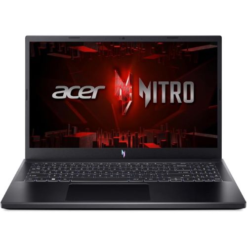 Notebook gamer Acer Nitro V15 visto de frente, exibindo a tela e o teclado.