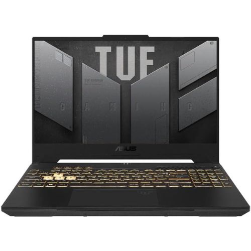 Notebook gamer Asus TUF Gaming F15 com o logo TUF na tampa.