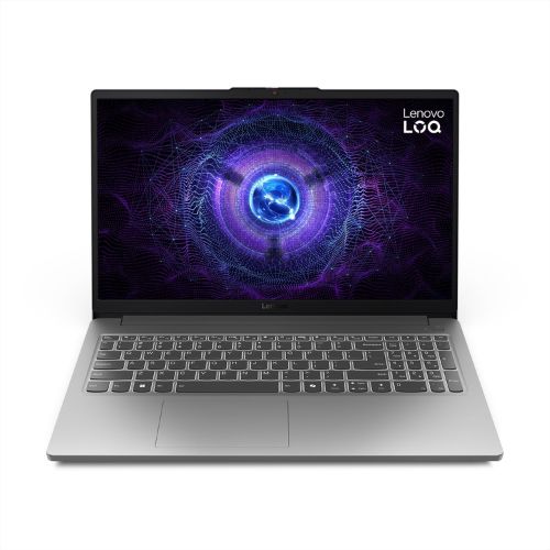 Notebook gamer Lenovo LOQ em um ângulo que mostra o teclado e a tela.