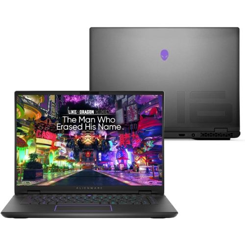 Notebook gamer Dell Alienware M16 R2 com design futurista e luzes azuis.