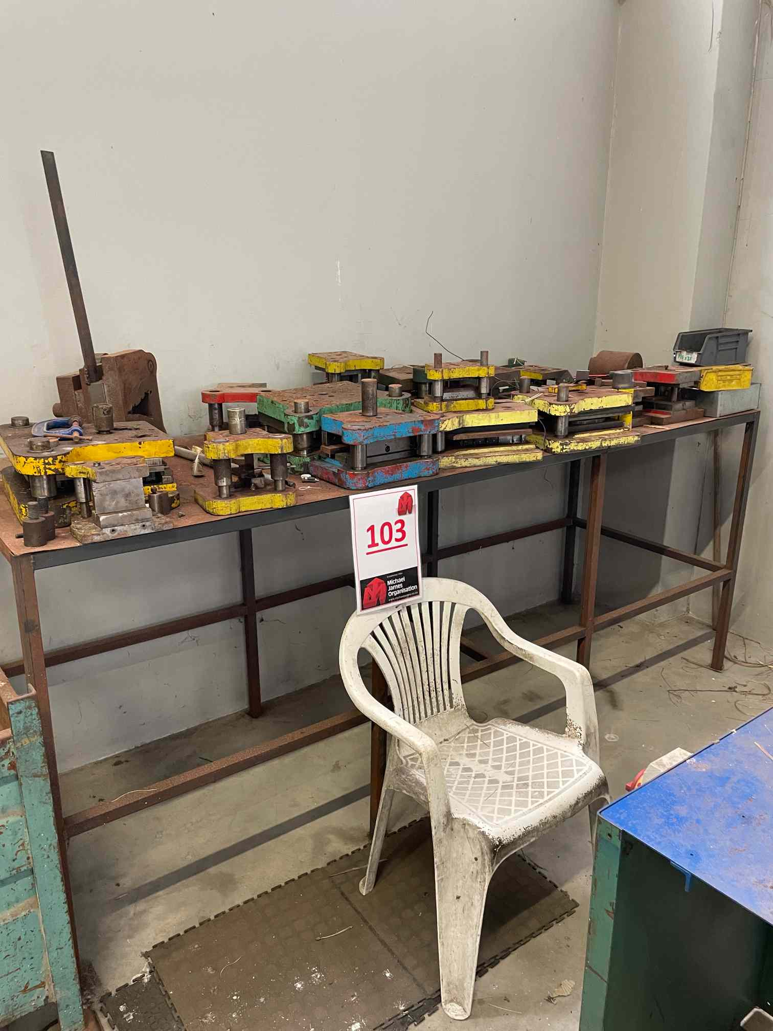 STEEL TABLE WITH QTY MOULDS & 2 X STEEL BINS