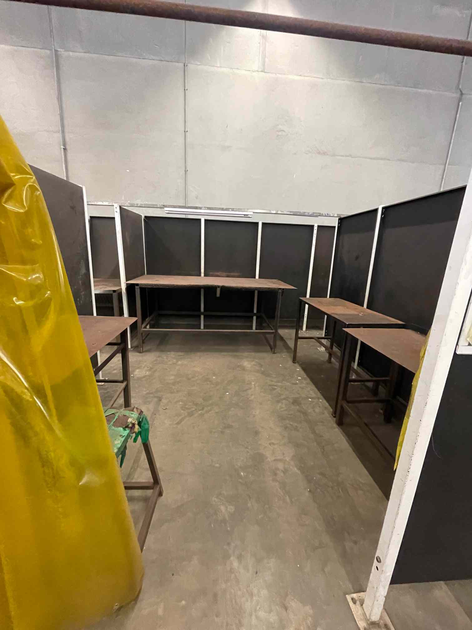 CONTENTS OF 3 WELDING BOOTHS: 7 X STEEL WORKTABLES, 2 X TOOLCUPBOARDS