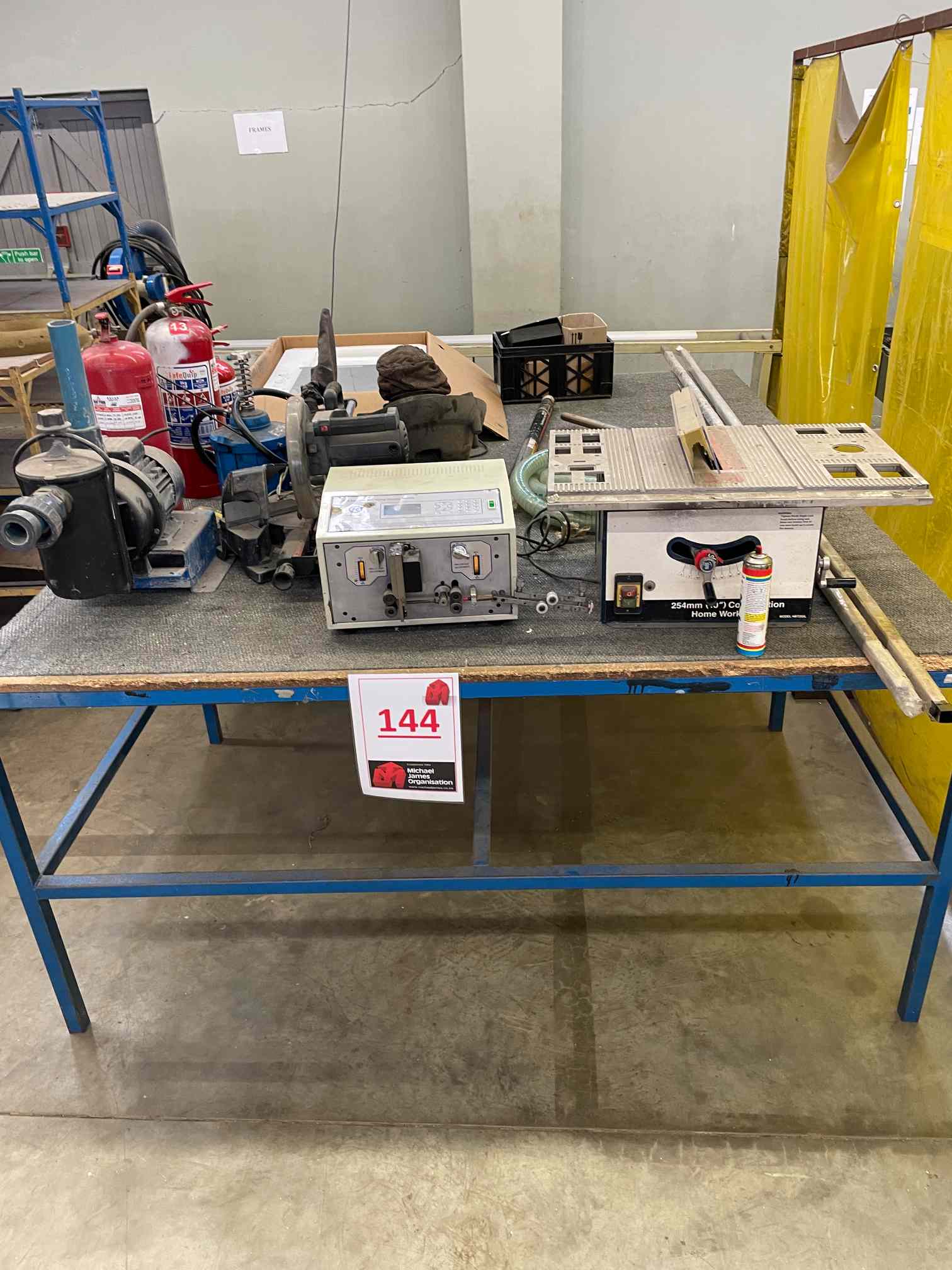 WORKTABLE & CONTENTS: WATERPUMP, CUTT OFF SAW, MITRE SAW, FIRE EXTINGUISERS, ETC