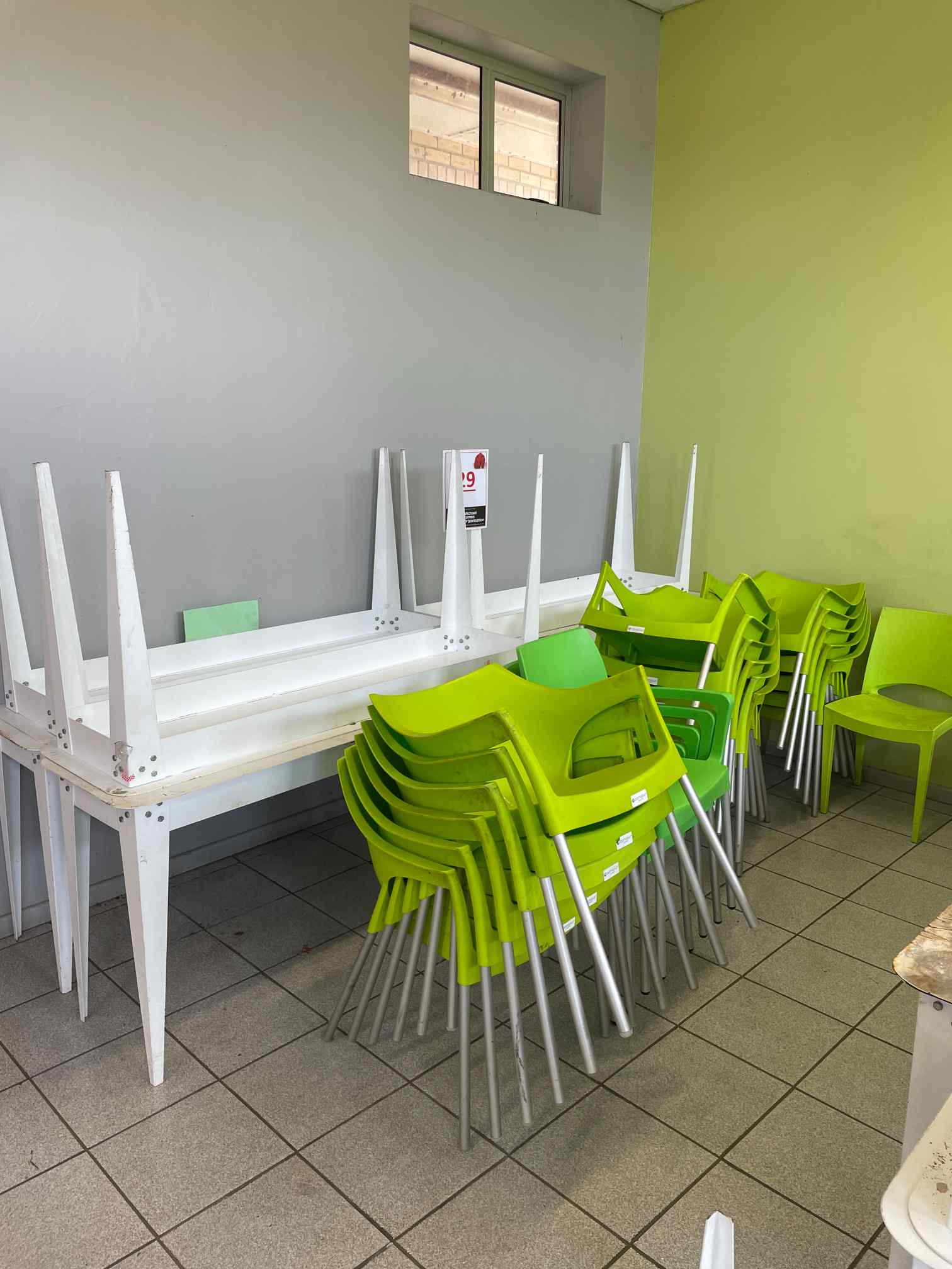 12 X WHITE STEEL TABLES & 22 X GREEN PLASTIC CHAIRS