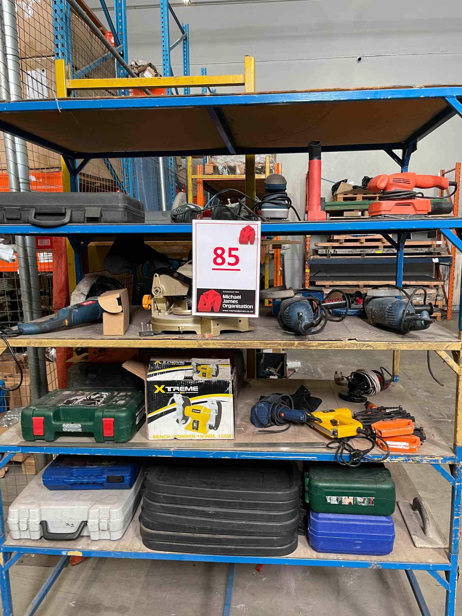 SHELF AND CONTENTS; BOSCH GRINDERS, HILTI DRILLS, RYOBI METRE SAW, RYOBI POLISHER, BLACK & DECKER SANDER, SANDERS, POPPER, EXTREME BENCH GRINDER, VARIOUS SIZE ANGLE GRINDERS, 2 X SANDERS, 7 X TOOL CASES ETC